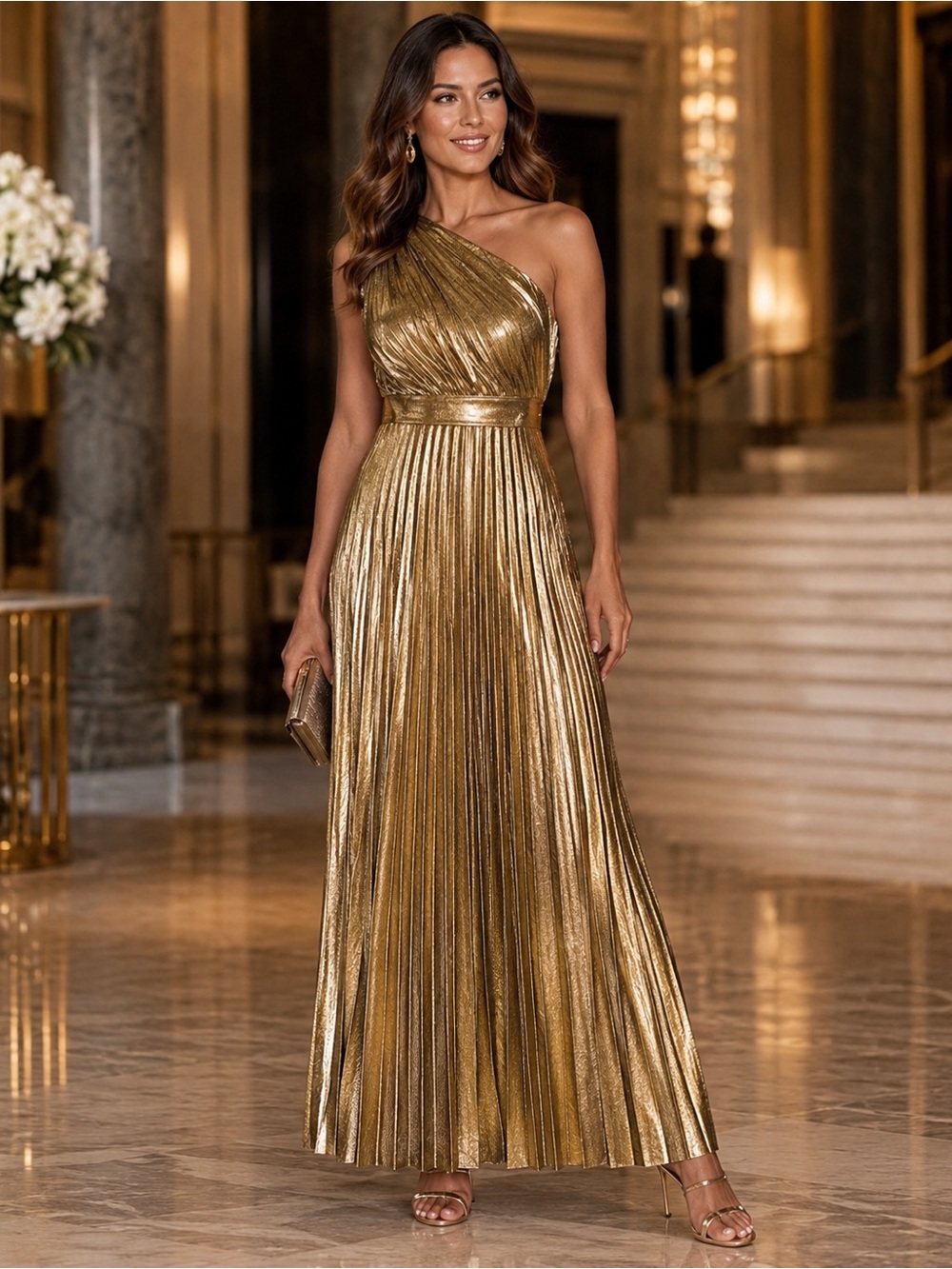 99- Elegant Shiny Gold Asymmetrical Neck Maxi Party Dress Pleated - Picture 1 of 9